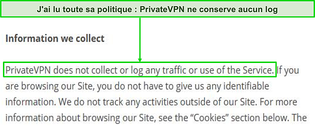 Capture d'écran de la politique de confidentialité de PrivateVPN sur son site Web.