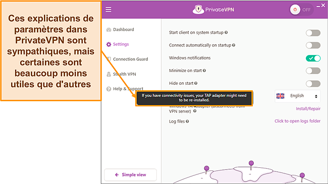 Capture d'écran des explications dans le menu des paramètres de PrivateVPN.