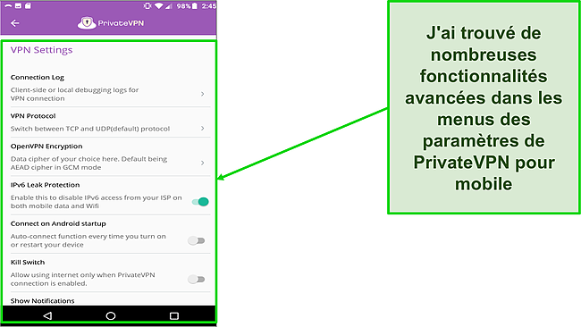 Capture d'écran du menu des paramètres de PrivateVPN sous Android.