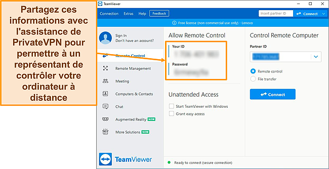 Capture d'écran de l'écran d'accueil de TeamViewer sous Windows.