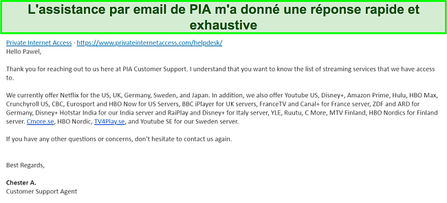 Capture d'écran d'une réponse de l'assistance par e-mail de PIA VPN.