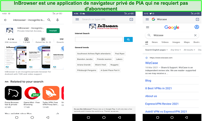 Capture d'écran de l'application InBrowser de PIA pour Android