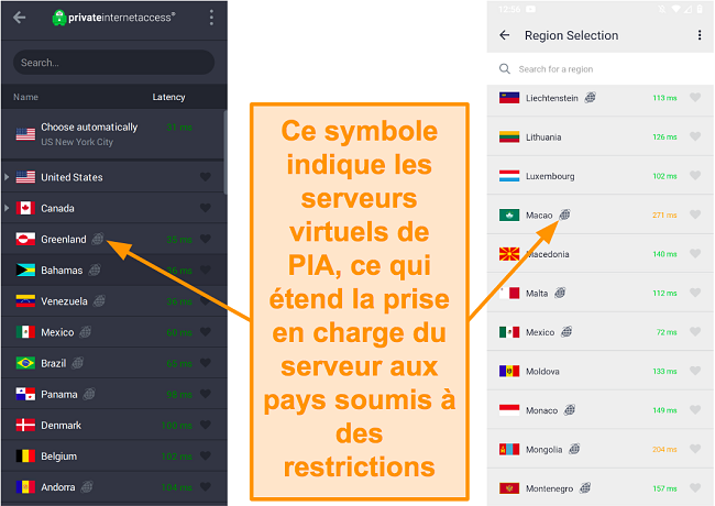 Capture d'écran du client de bureau PIA et du programme Android, montrant les serveurs géolocalisés