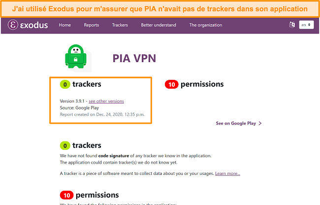 Une capture d'écran de l'outil Exodus, qui montre qu'aucun tracker n'est installé sur le logiciel de PIA