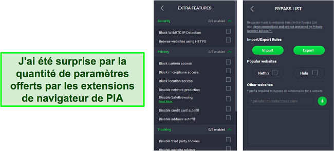 Capture d'écran des paramètres d'extension de navigateur de PIA VPN.