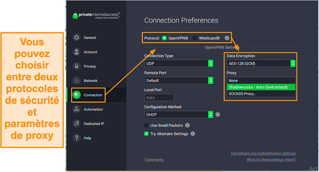 Capture d'écran des paramètres de connexion de PIA sous Windows.