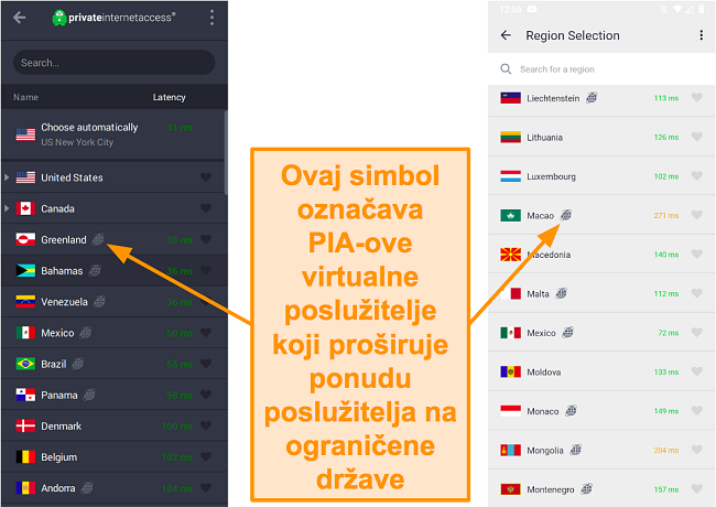 Snimka zaslona PIA desktop klijenta i android programa, koja prikazuje geolocirane poslužitelje