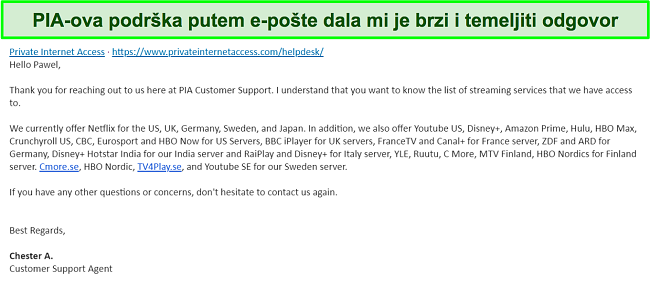 Snimka zaslona odgovora PIA VPN podrške putem e-pošte.