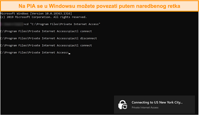 Snimka zaslona povezivanja na PIA putem Windows naredbenog retka.