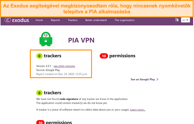 Képernyőkép az Exodus eszközről, amely azt mutatja, hogy nincsenek nyomkövetők telepítve a PIA szoftverére