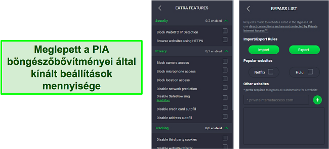 Képernyőkép a PIA VPN böngészőbővítmény-beállításairól.