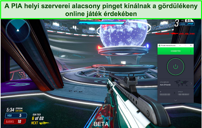Képernyőkép a PIA-ról, amely egy lengyelországi szerverhez csatlakozik a Splitgate játék közben.
