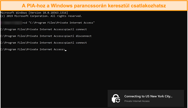 Képernyőkép a PIA-hoz való csatlakozásról a Windows parancssoron keresztül.