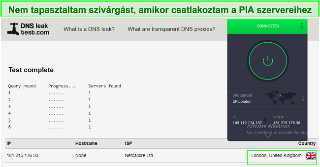 Képernyőkép egy sikeres PIA szivárgástesztről.