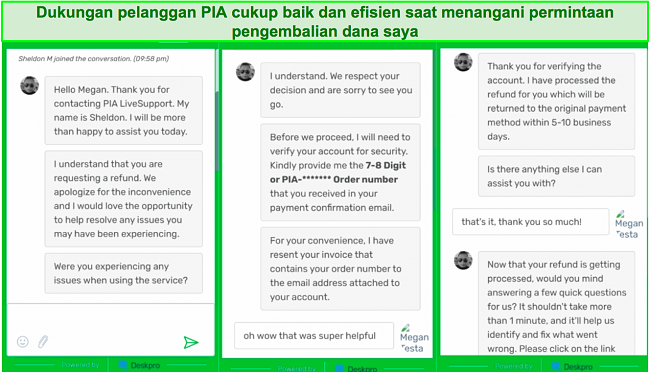 Cuplikan layar obrolan layanan pelanggan PIA saat meminta pengembalian dana.