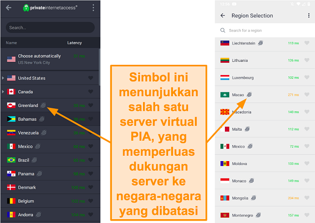 Cuplikan layar klien desktop PIA dan program android, menunjukkan server yang berlokasi geografis