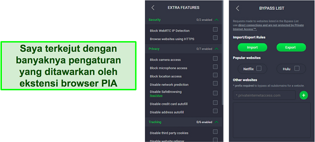 Cuplikan layar pengaturan ekstensi browser PIA VPN.