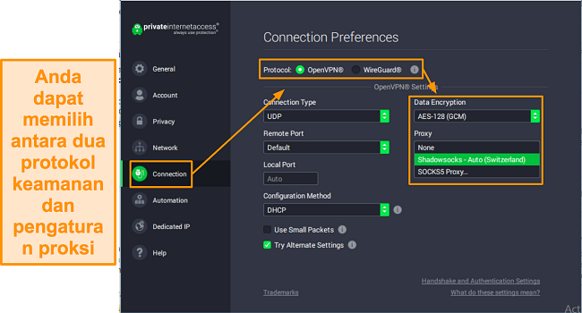 Cuplikan layar pengaturan koneksi PIA di Windows.