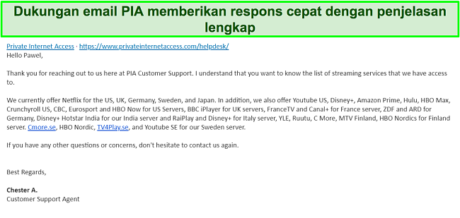 Cuplikan layar balasan dari dukungan email PIA VPN.
