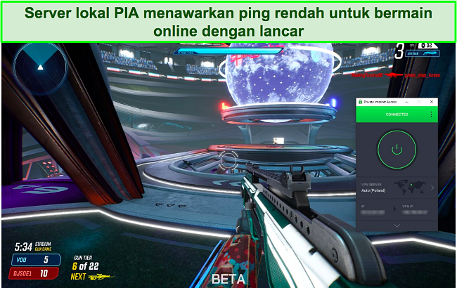 Cuplikan layar PIA yang terhubung ke server Polandia saat memainkan Splitgate.