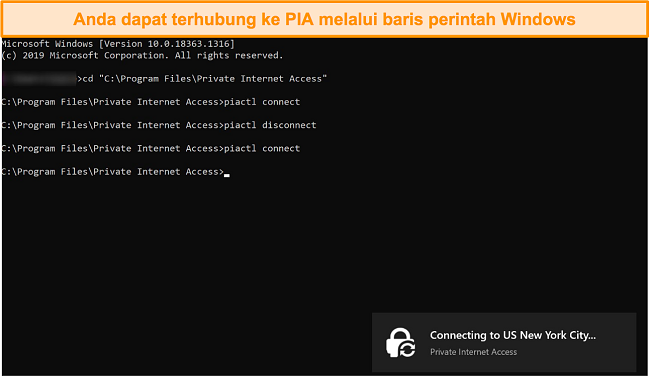 Cuplikan layar menghubungkan ke PIA melalui baris perintah Windows.