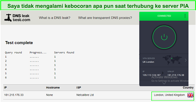 Cuplikan layar uji kebocoran PIA yang berhasil.