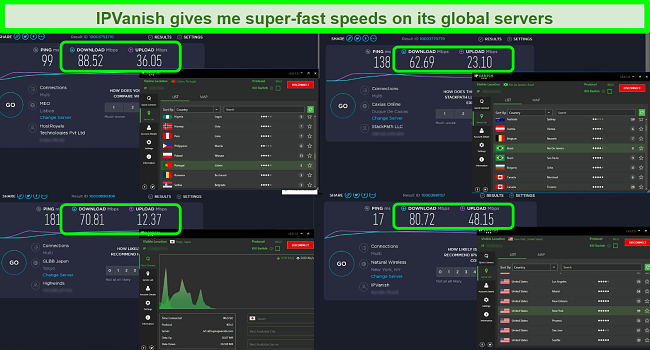 Screenshot of 4 speed tests while connected to various IPVanish servers