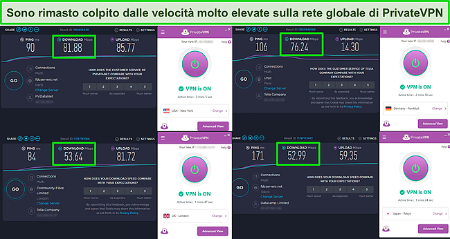 Screenshot dei test di velocità di PrivateVPN che mostrano i server negli Stati Uniti, nel Regno Unito, in Germania e in Giappone.