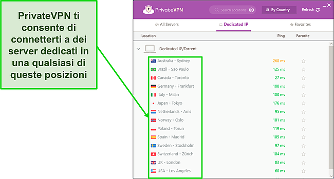 Screenshot del menu del server IP dedicato VPN privata in Windows.