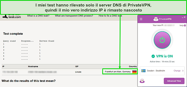 Screenshot del test di tenuta DNS che rivela un server DNS in Germania mentre è connesso a un server PrivateVPN in Svezia.