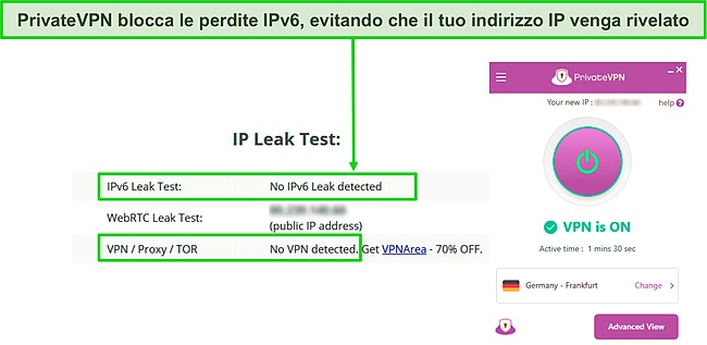 Screenshot del test di tenuta IPv6 riuscito durante la connessione a un server PrivateVPN in Germania.