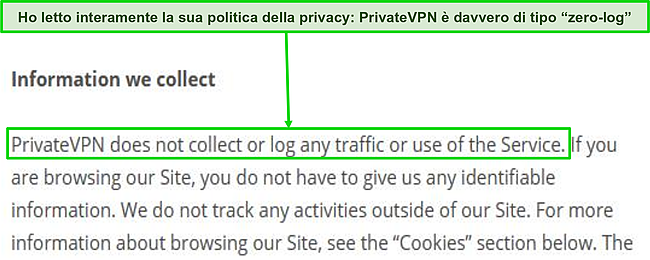 Screenshot dell'informativa sulla privacy di PrivateVPN sul suo sito web.