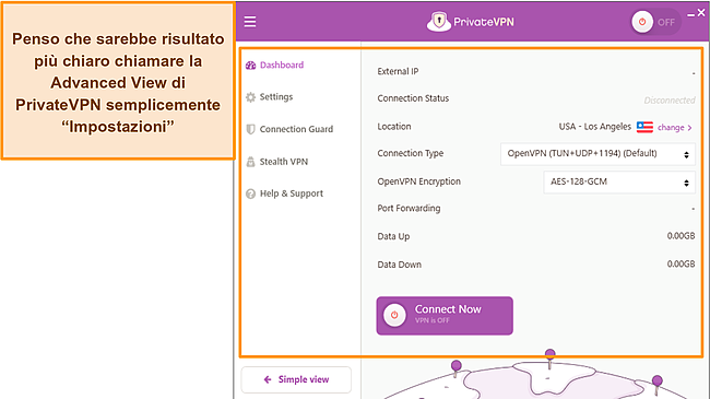 Screenshot della Visualizzazione avanzata e Visualizzazione semplice di PrivateVPN in Windows.