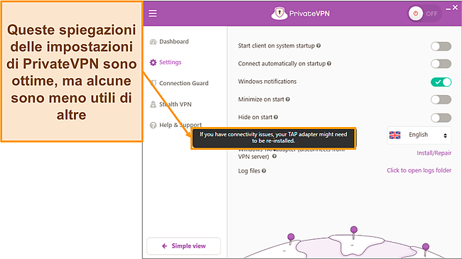 Screenshot delle spiegazioni nel menu delle impostazioni di PrivateVPN.