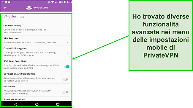 Screenshot del menu delle impostazioni di PrivateVPN in Android.