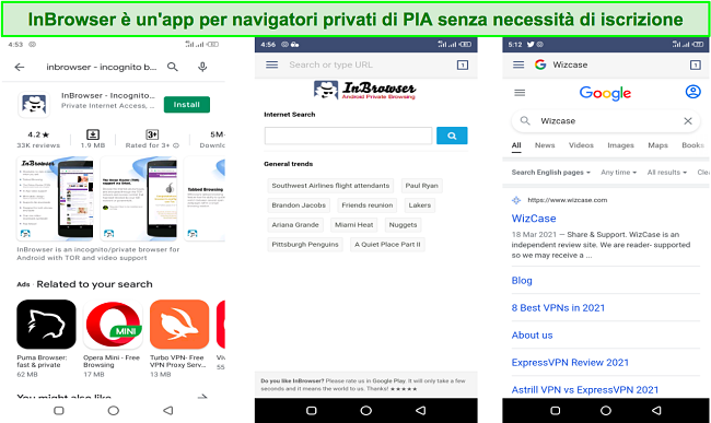 Screenshot dell'app InBrowser di PIA per Android