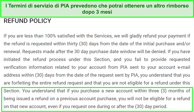 Screenshot della politica di rimborso di PIA