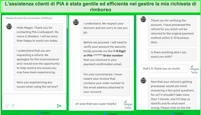 Screenshot della chat del servizio clienti PIA durante la richiesta di rimborso.