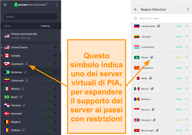 Screenshot del client desktop PIA e del programma Android, che mostra i server geolocalizzati