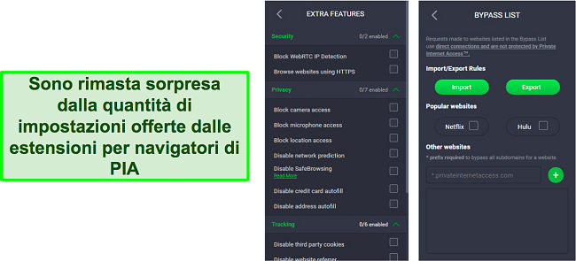 Screenshot delle impostazioni dell'estensione del browser di PIA VPN.