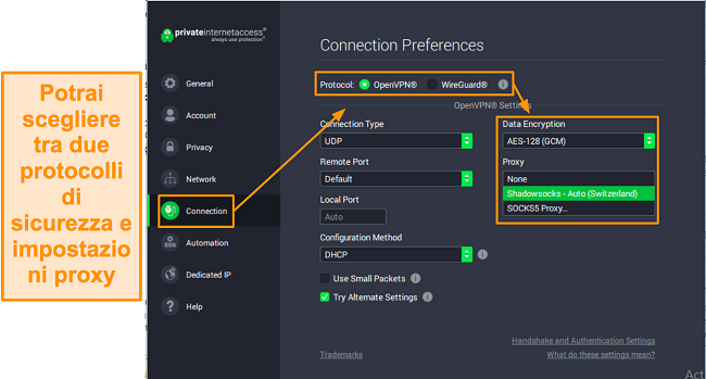 Screenshot delle impostazioni di connessione di PIA su Windows.