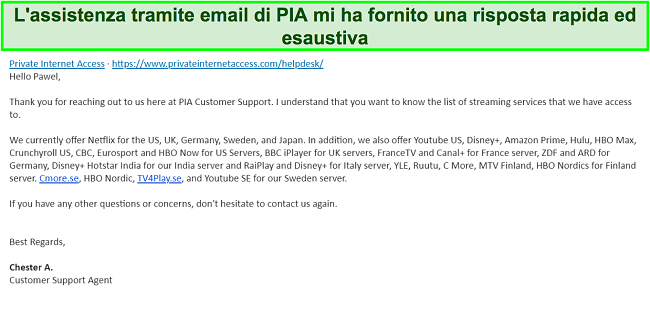 Screenshot di una risposta dal supporto e-mail di PIA VPN.