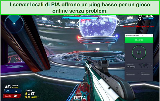 Screenshot di PIA connesso a un server polacco mentre gioca a Splitgate.