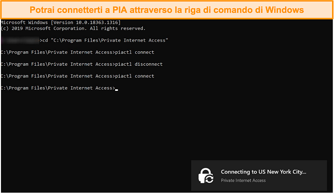 Screenshot della connessione a PIA tramite la riga di comando di Windows.