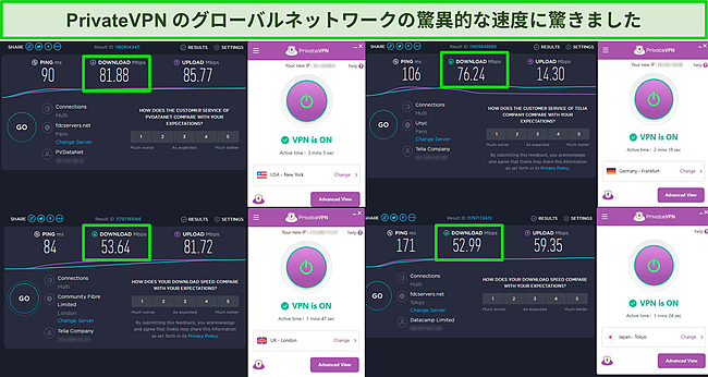 米国、英国、ドイツ、および日本のサーバーを示す PrivateVPN 速度テストのスクリーンショット。