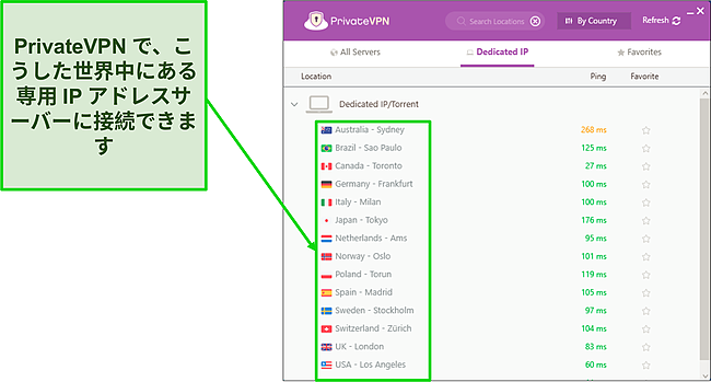 Windows のプライベート VPN 専用 IP サーバー メニューのスクリーンショット。