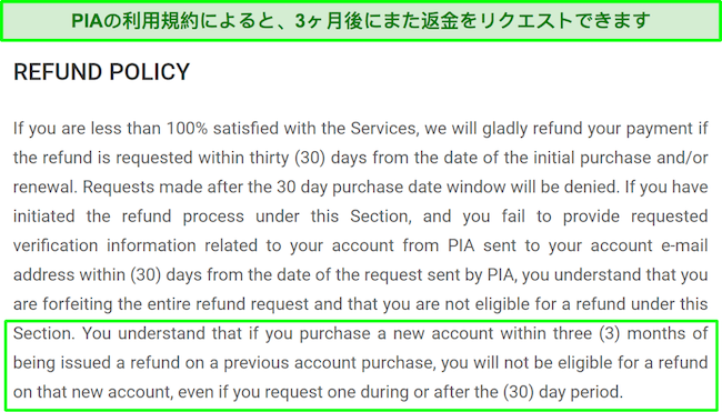 PIAの返金ポリシーのスクリーンショット