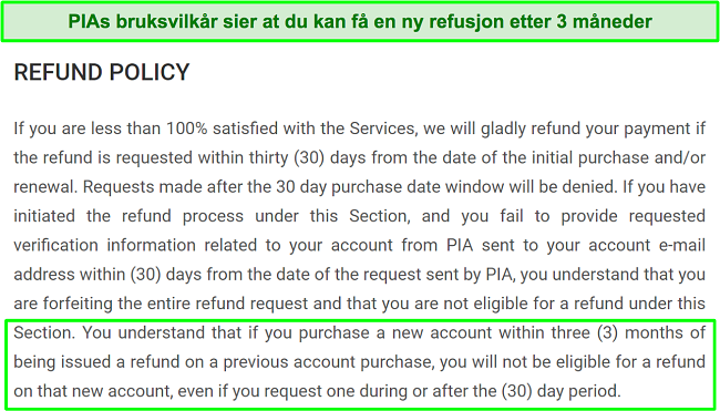 Skjermbilde av PIAs refusjonspolicy