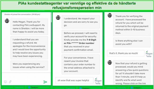 Skjermbilde av PIA kundeservice chat mens du ber om refusjon.