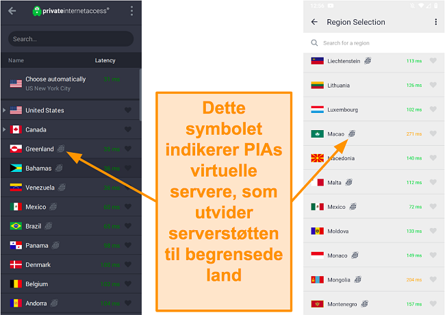 Skjermbilde av PIA desktop-klient og Android-program, som viser de geolokaliserte serverne